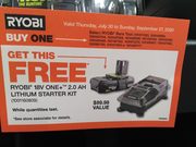 Free Ryobi 2AH Starter Kit with Tools of Choice ($89.98 Value, Partial $ Included) IN STORE ONLY
