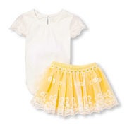 Baby Girls Short Embroidered Mesh Sleeve Bodysuit And Embroidered Daisy Tutu Skirt Set - $22.00 ($22.95 Off)