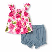 Baby Girls Sleeveless Rose Printed Flutter Top And Chambray Bubble Shorts Set - $8.99 ($35.96 Off)